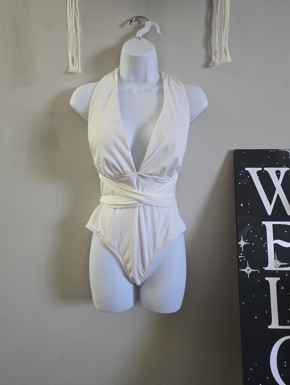 Molybell - White,  Lightly Ribbed Monokini With Tie Detail
